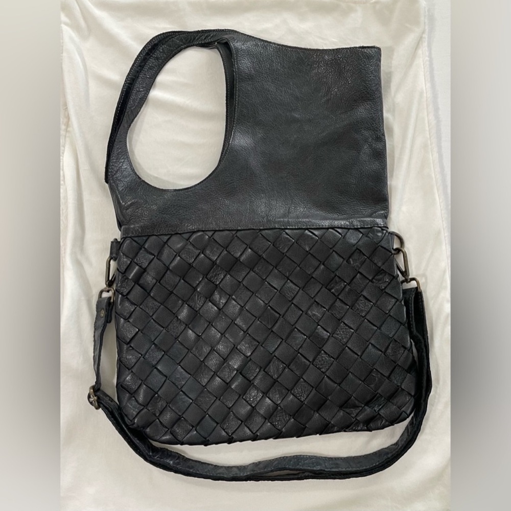 Civico 93 Genuine Leather Woven Black Large Shoulder Tote Purse